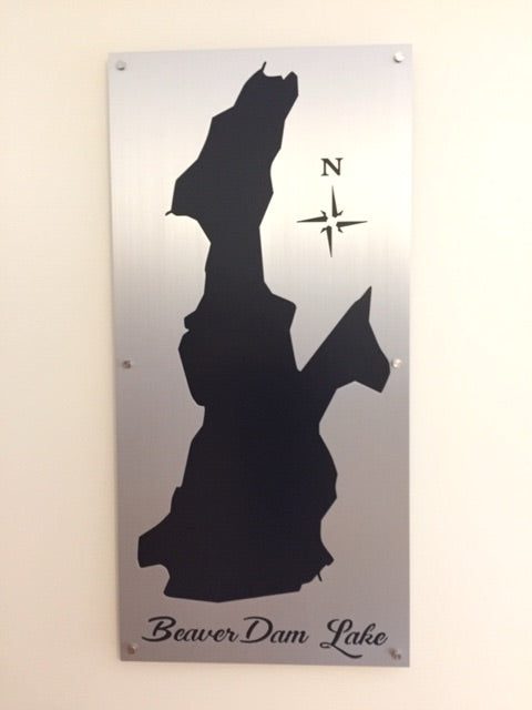 Beaver Dam Lake custom metal map with compass rose on brushed metal background.