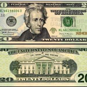 Front and back of a U.S. twenty dollar bill, featuring Andrew Jackson and the White House, serial number NL46198006D.