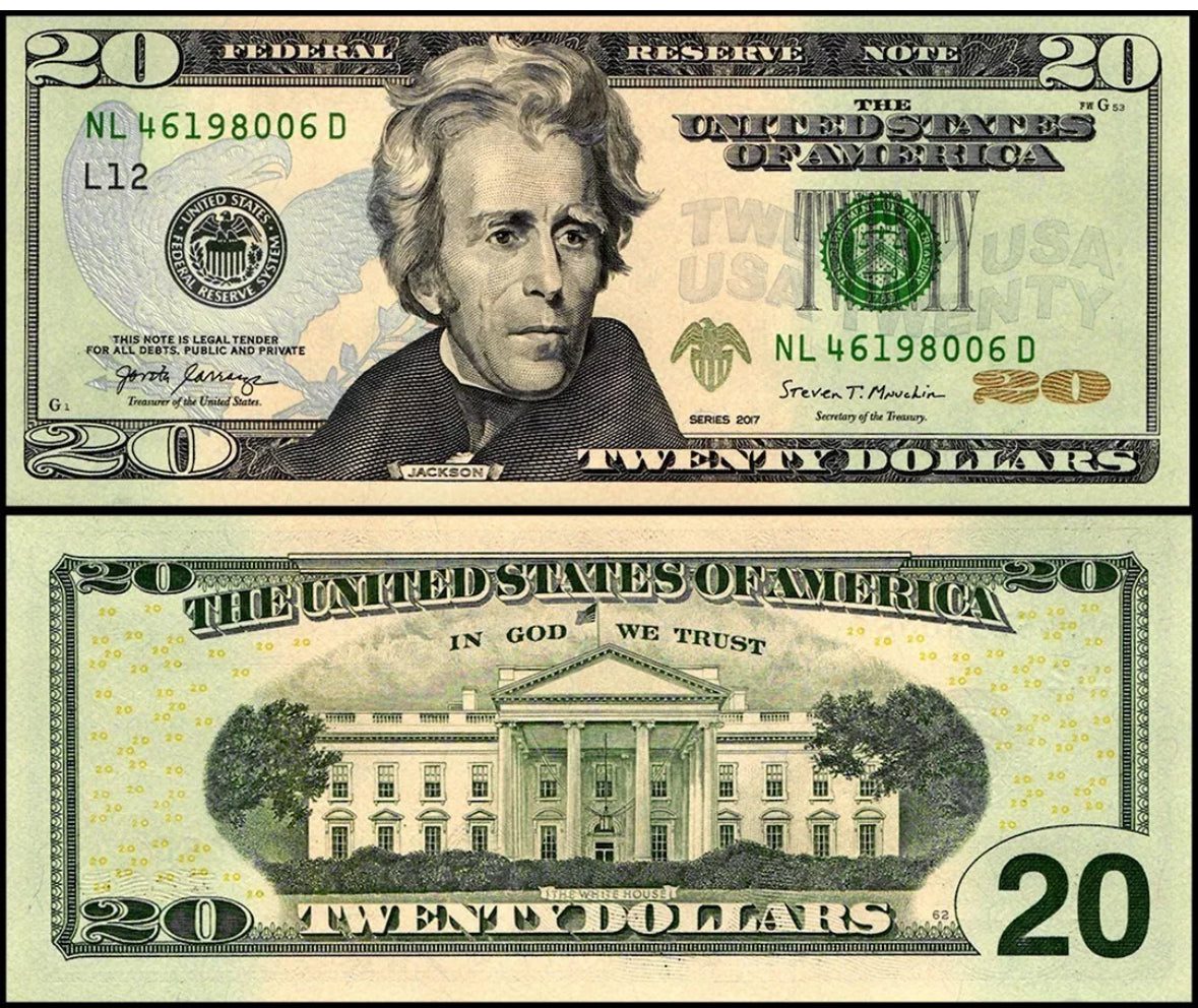 Front and back of a U.S. twenty dollar bill, featuring Andrew Jackson and the White House, serial number NL46198006D.