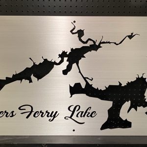 Greers Ferry Lake metal map with compass design on a perforated black background.