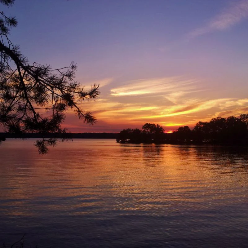 Sunset over lake with silhouette of trees and reflective water.