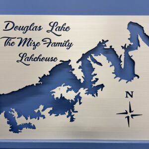 Douglas Lake map cutout with "The Mize Family Lakehouse" text, featuring a compass rose, on a blue background.