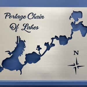 Brushed aluminum map of Portage Chain of Lakes with compass rose on blue background.