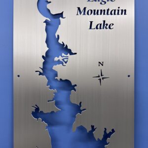 Metal map of Eagle Mountain Lake with cut-out details and directional compass.