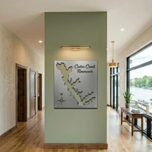 Metal wall art of Cedar Creek Reservoir displayed in a modern hallway with wooden flooring and large windows.