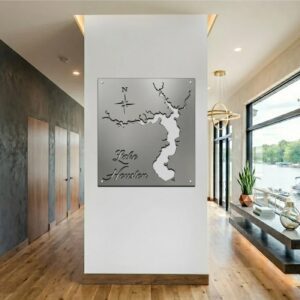 Metal map of Lake Houston displayed on a wall in a modern interior space.