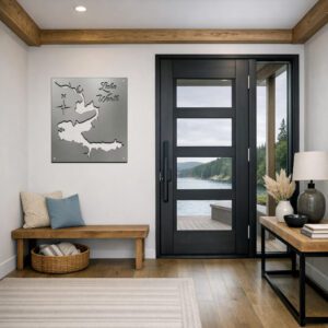 Modern entryway features a map of Lake Worth, a bench, and a view of the lake through a large door.