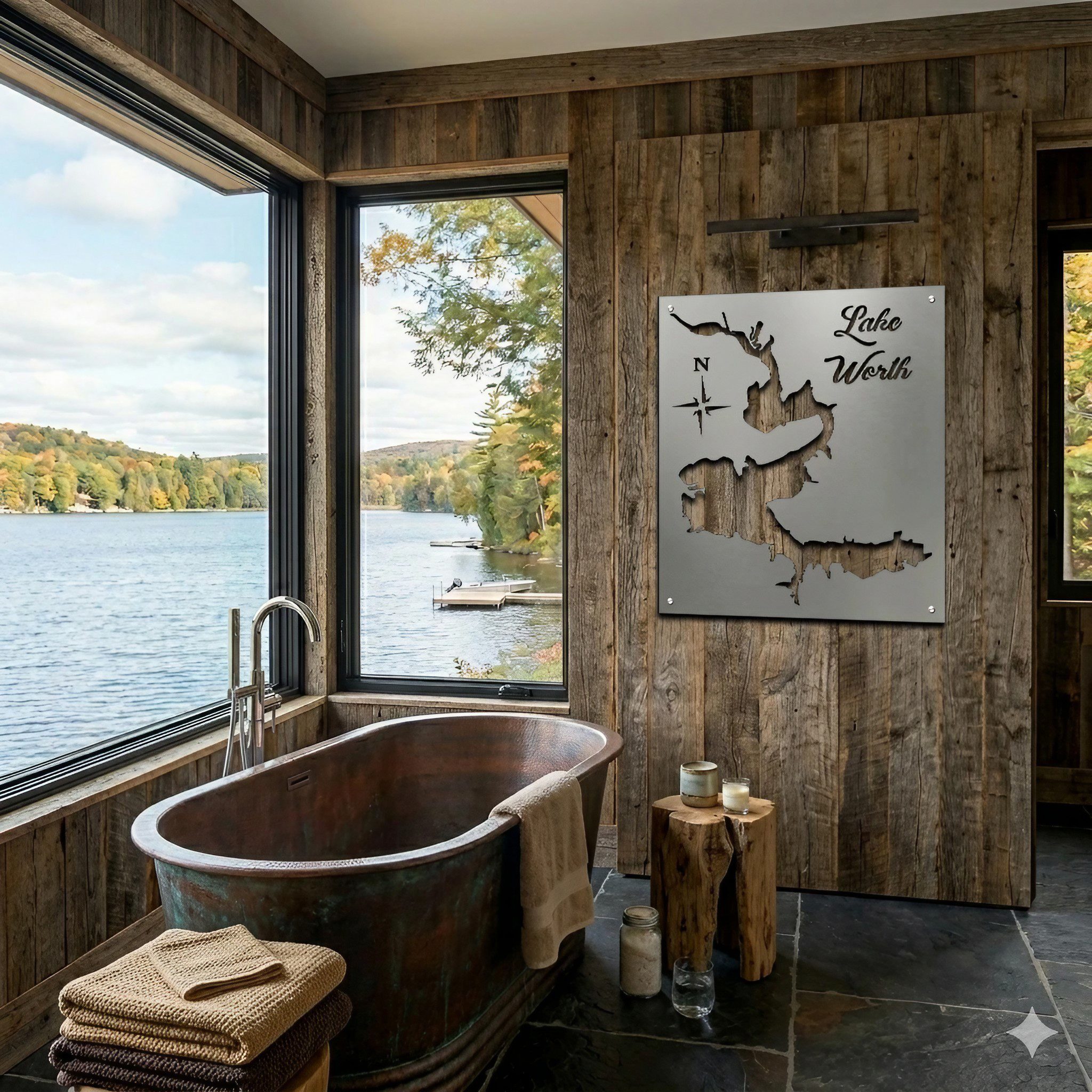 A rustic bathroom features a copper bathtub, large windows with lake views, and a metal Lake Worth map on the wall.