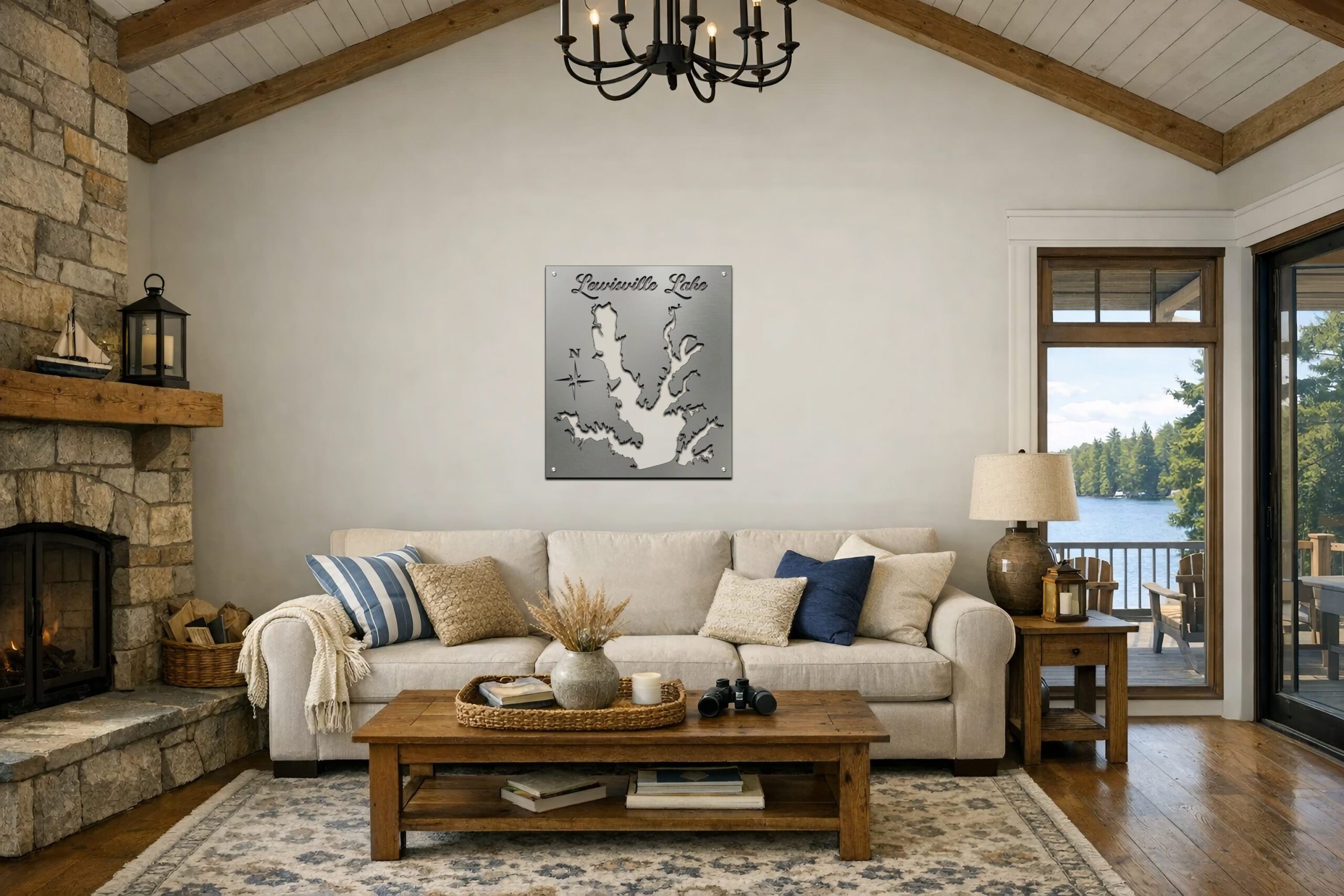 Cozy living room with a stone fireplace, lake view, and a map of Lewisville Lake on the wall.