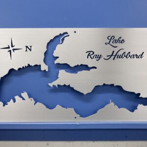 Metal map of Lake Ray Hubbard with "Lake Ray Hubbard" text and a north arrow.