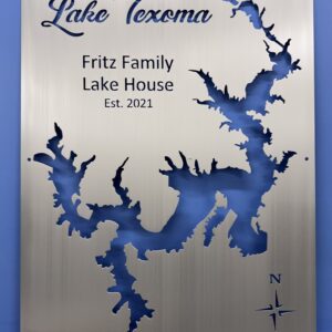 Metal sign displaying a map of Lake Texoma, labeled for the Fritz Family Lake House, established 2021.