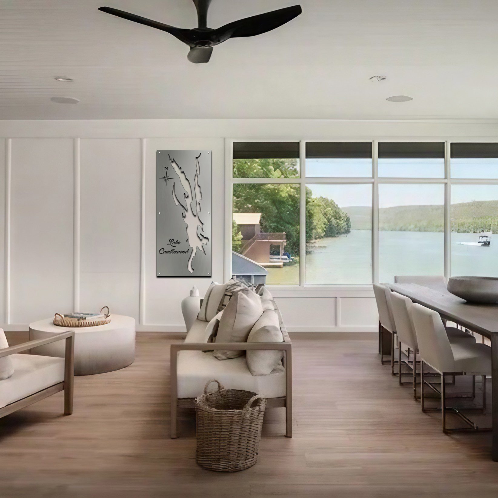 Living room features a metal map of Lake Candlewood, large windows, and modern furniture.