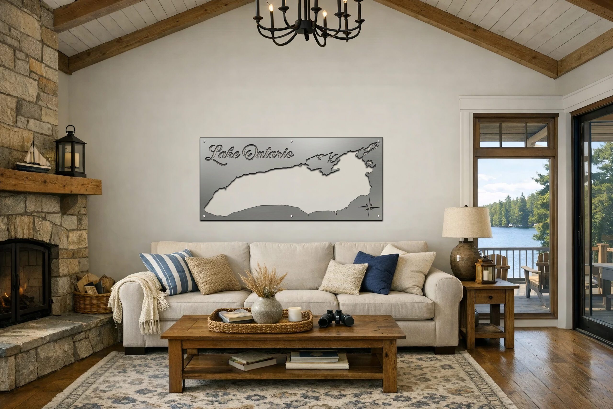 A cozy living room features a Lake Ontario metal map on the wall, with a view of the lake outside.