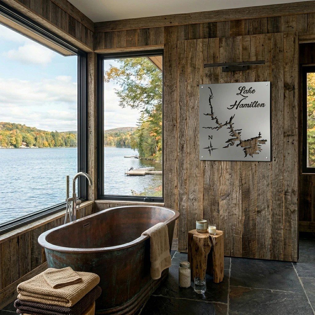 A rustic bathroom features a copper bathtub, Lake Hamilton map, and scenic lake view through large windows.