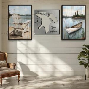 Three framed artworks depict Lake Huron, a wooden chair, and a boat. A potted plant sits nearby.