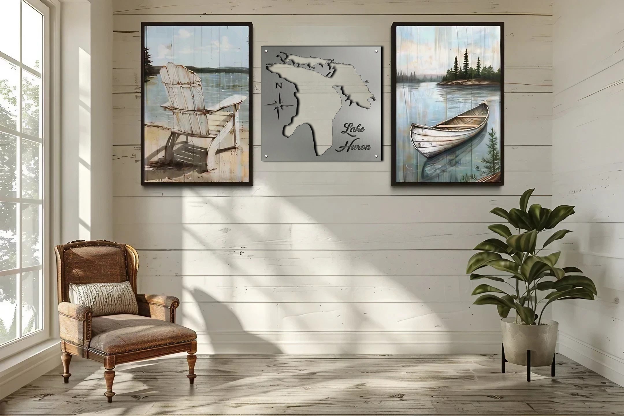 Three framed artworks depict Lake Huron, a wooden chair, and a boat. A potted plant sits nearby.