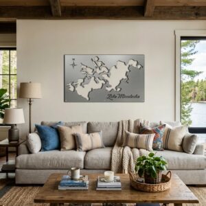 A living room features a Lake Minnetonka metal map on the wall, with a cozy sofa and a view of the lake.
