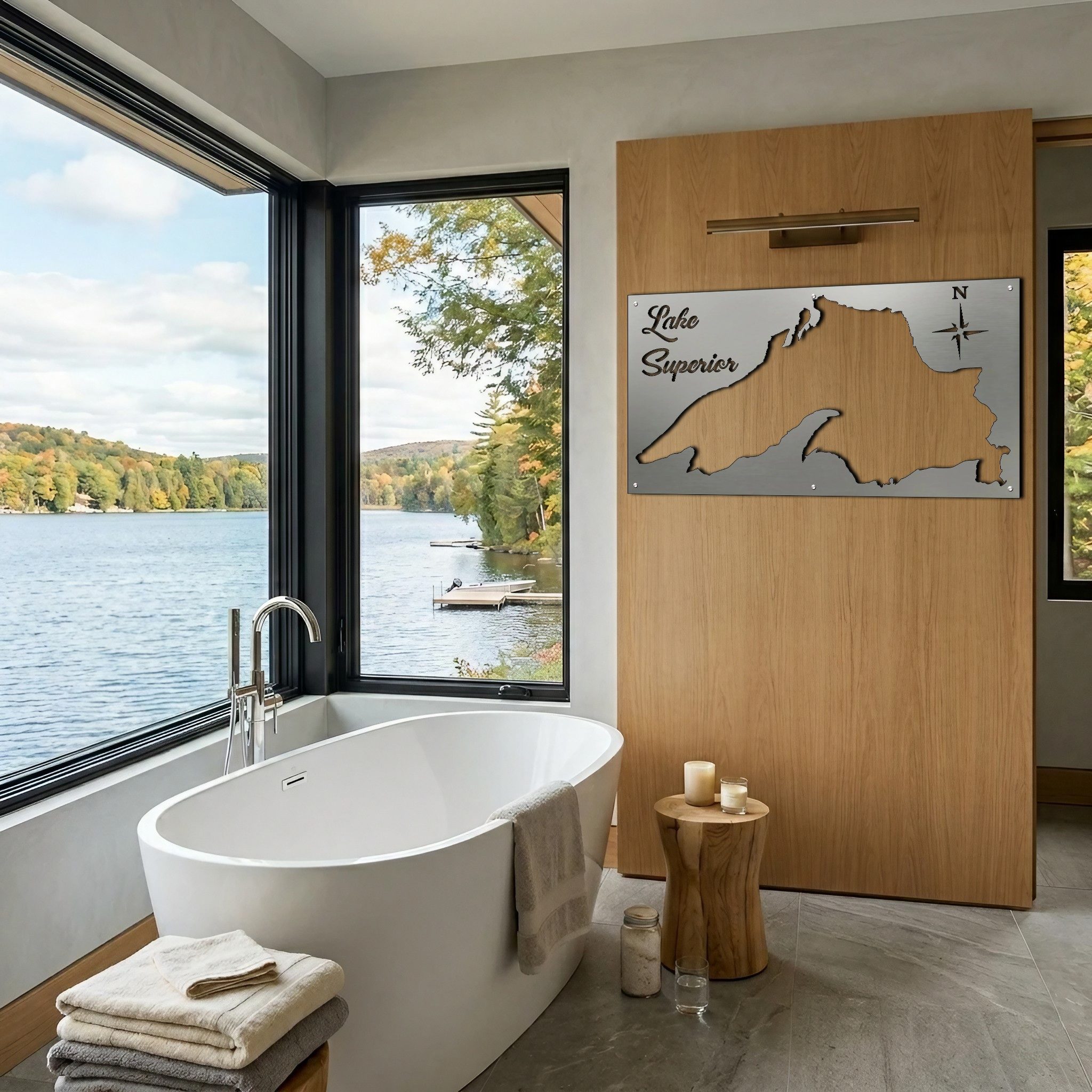 A modern bathroom features a metal Lake Superior map on the wall, overlooking a scenic lake view.