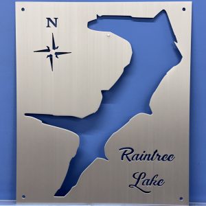 Metal sign shaped like Raintree Lake, featuring a compass rose and the text "Raintree Lake.
