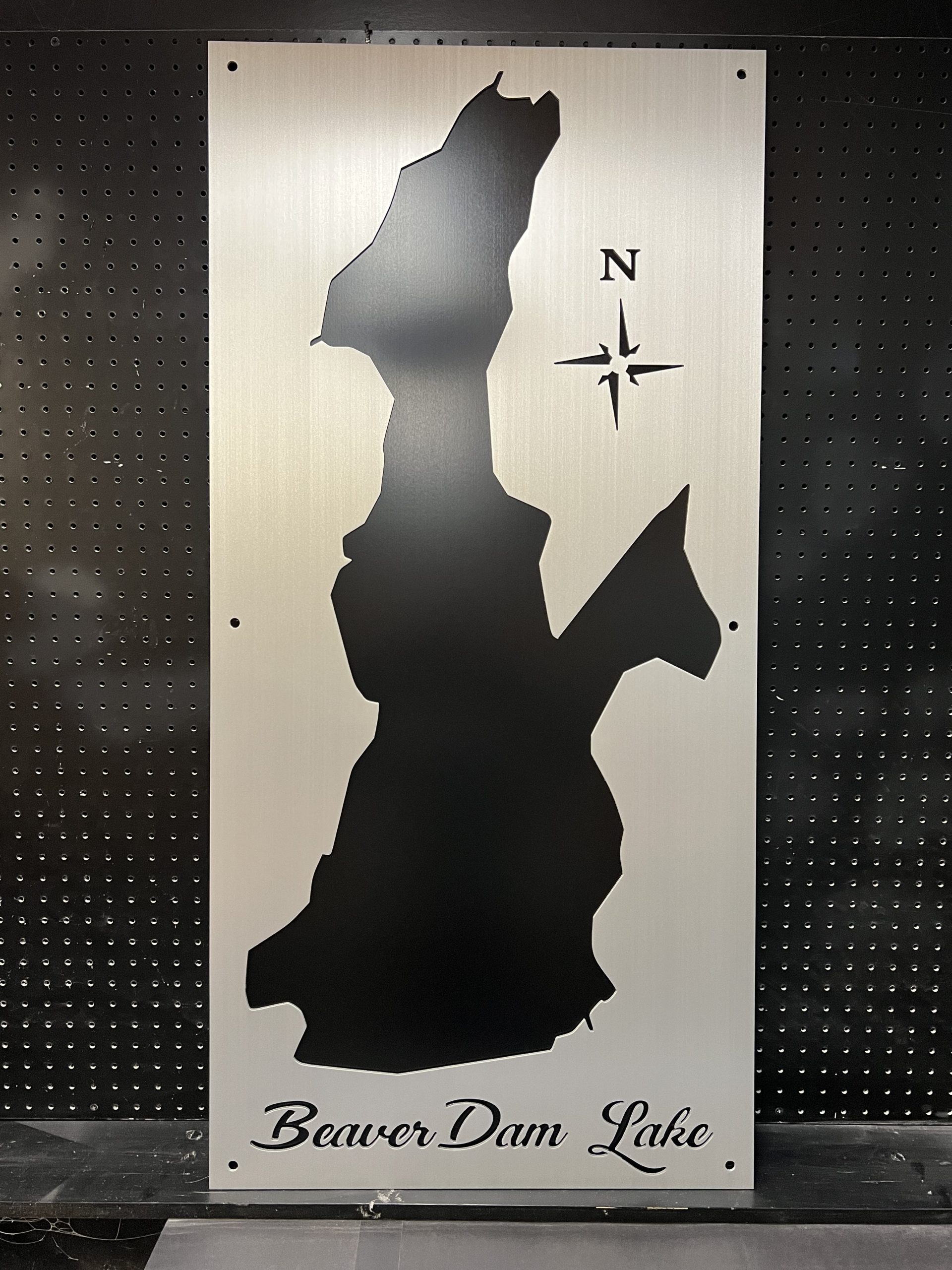 Beaver Dam Lake metal map with a solid black backplate.