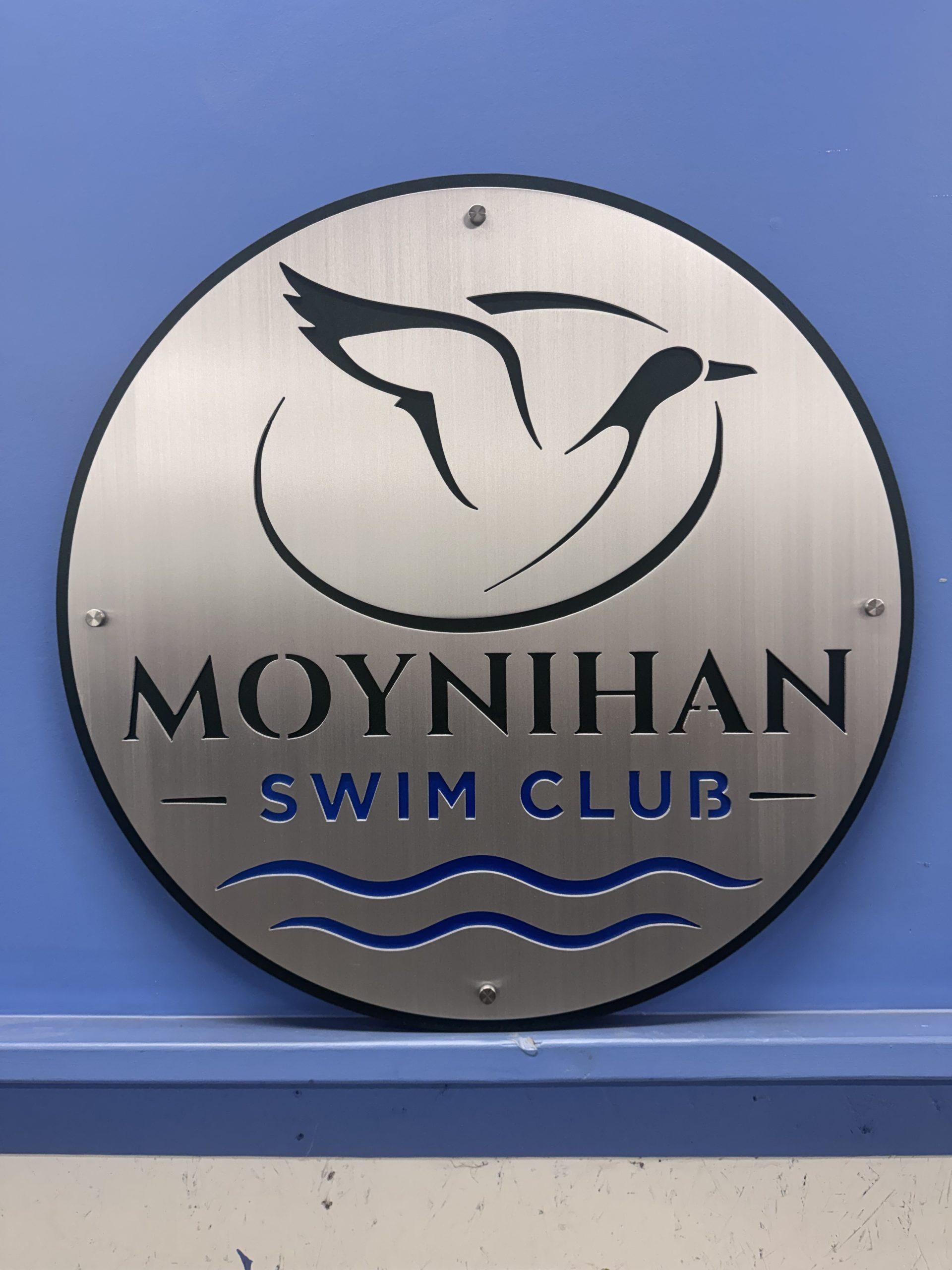 Custom round metal business sign for Moynihan Swim Club with blue lettering.