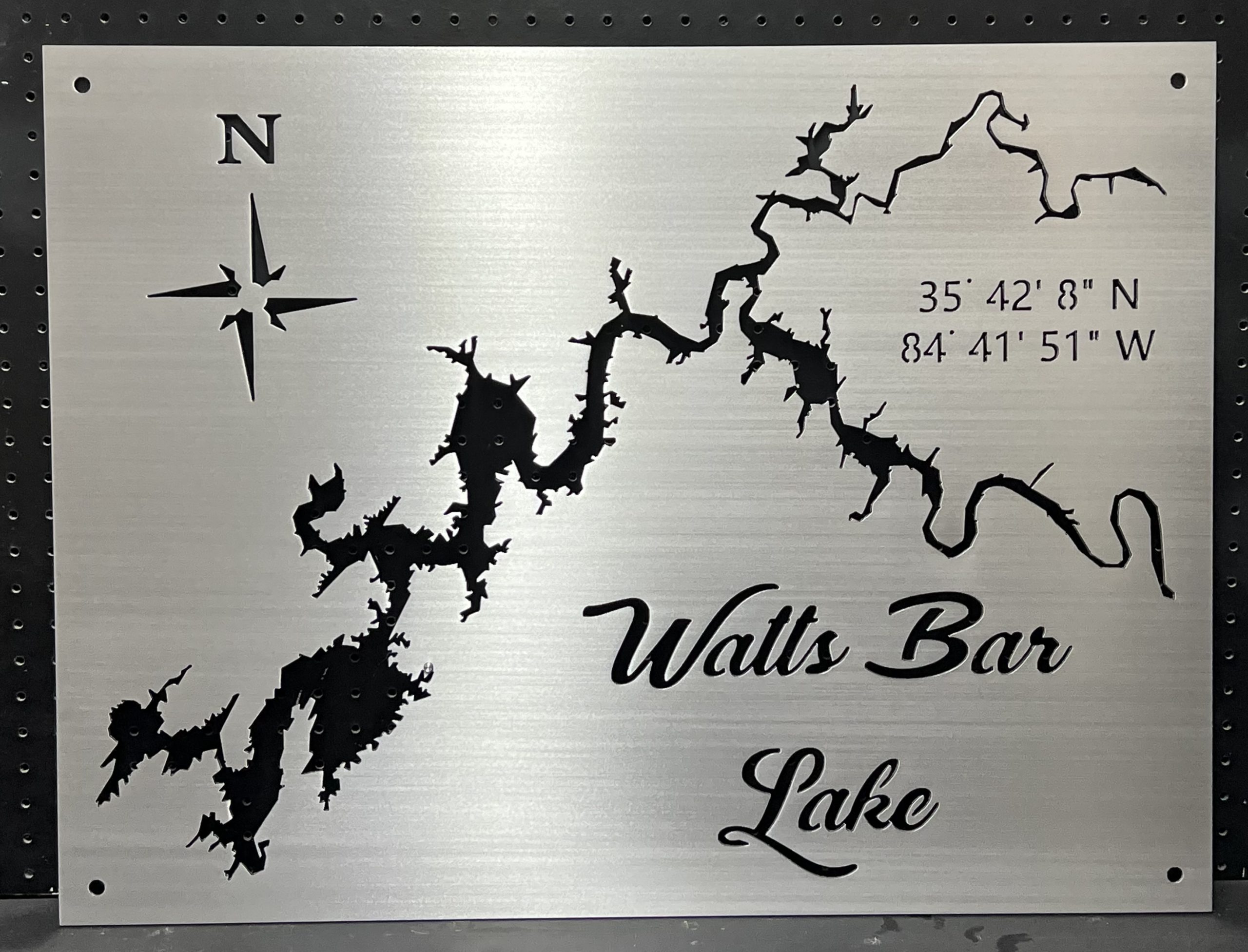 Watts Bar Lake brushed metal map personalized with coordinates, shown without a backplate.